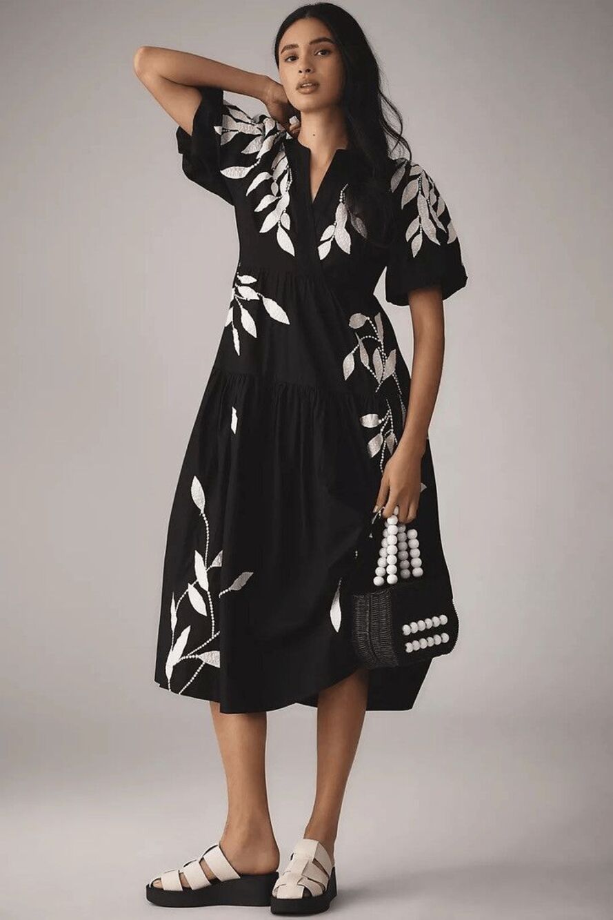 Anthropologie Short-Sleeve Embroidery Applique Midi Dress Small Petite SP FLAW